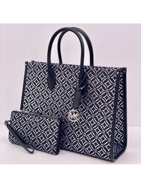 Michael Kors Mirella Medium Metallic Logo Jacquard Tote Bag and Wallet Set